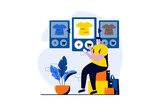 Mobile commerce concept with people scene in flat cartoon design. Man chooses clothes from assortment of online store, places order and pays in application. Vector illustration visual story for web