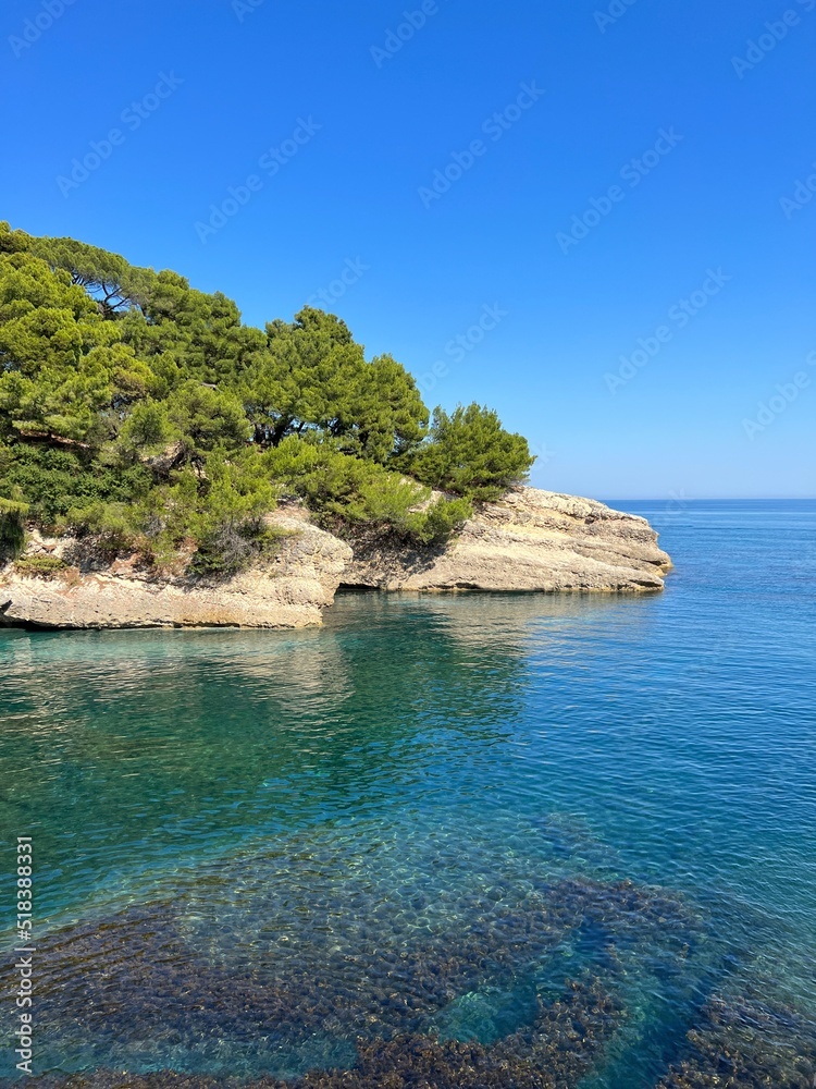 Beautiful Mediterranean sea at summer sunny day. Scenic coastal rocks and pine trees. Turquoise blue sea water.