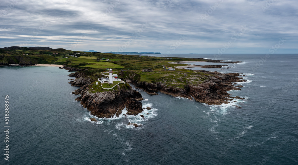 drone landscape view of Fanad Head Lighthouse and Peninsula on the northern coast of Ireland