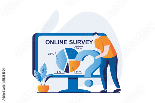 Online survey concept with people scene in flat cartoon design. Man analyzes data and works with chart, creating report after conducting sociological study. Vector illustration visual story for web