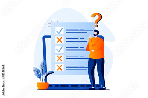 Online survey concept with people scene in flat cartoon design. Man thinking and fills out form of questionnaire, marking correct and incorrect answers. Vector illustration visual story for web