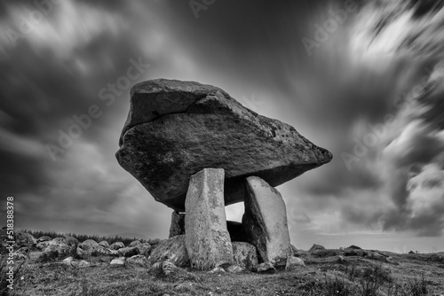 long exposure black and white view of the Kilclooney Dolmen in County Donegal in Ireland