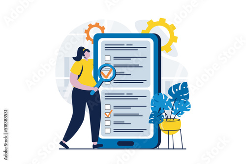 Online survey concept with people scene in flat cartoon design. Woman takes online exam or sociological survey and answers questions by marking answers in app. Vector illustration visual story for web