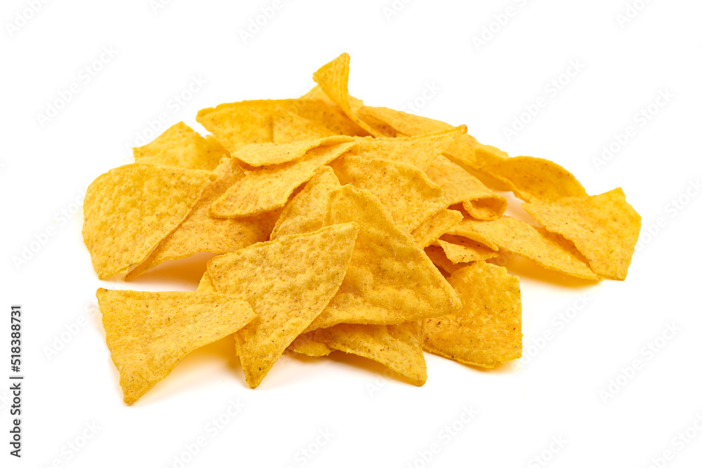 Mexican tortilla chips, isolated on white background.