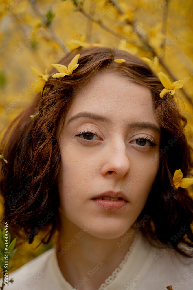 Woman Surrounded By Blooming Forsythia Woman Surrounded By Blooming Forsythia