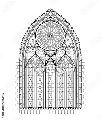 Beautiful Gothic stained glass window from French church with rose. Black and white drawing for coloring book. Medieval architecture in western Europe. Worksheet for children and adults. Vector image.