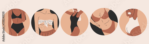 Set of posters with girls in a circle. Hand drawn modern illustration. Fashionable bikini, underwear or swimsuit. Summer poster, print or postcard template, colorful vector.