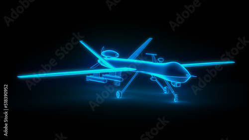 a military drone wireframe glowing blue (3d rendering)
