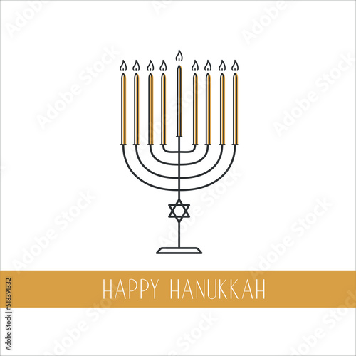 Happy Hanukkah line art design. Menorah candle holder with flame and text. Jewish Family celebrate Religion Holiday. Element of decor thin line. Vector illustration on white background