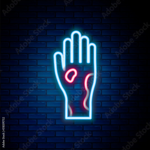 Glowing neon line Hand with psoriasis or eczema icon isolated on brick wall background. Concept of human skin response to allergen or chronic body problem. Colorful outline concept. Vector