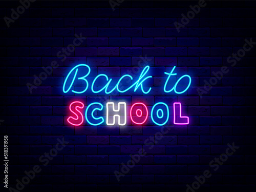 Back to school neon typography. Welcome to school sign. September market sale. Vector stock illustration
