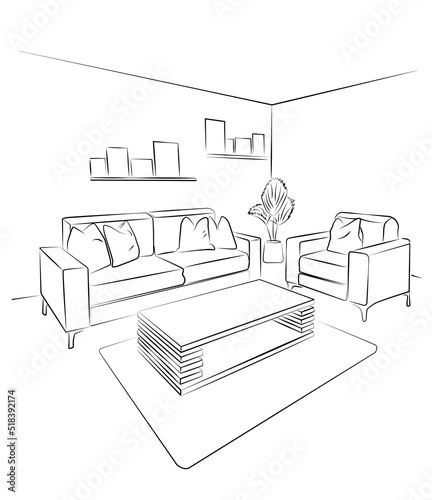 Linear sketch of the interior living room.