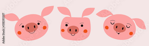 Funny vector illustration set with pig heads. Cute collection with farm animal, childish print design