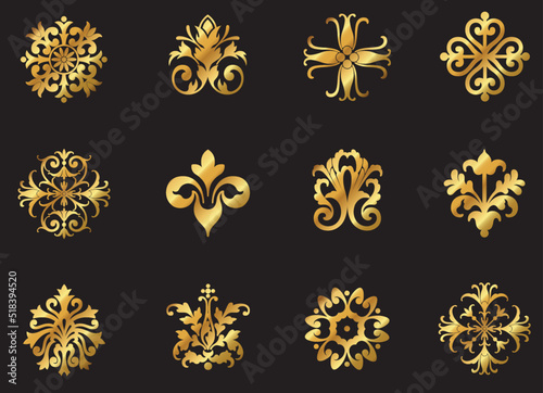 A series of vector golden floral ornamental icons. 