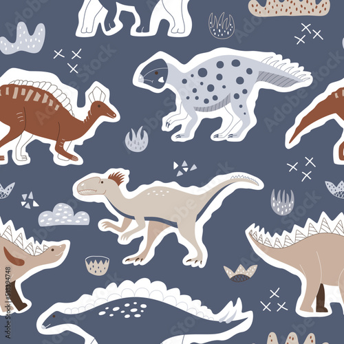 Kids seamless pattern with hand drawn funny dinosaurs. Creative vector cute background for fabric  textile 