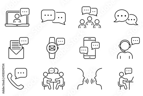 Online Text Message in Chat, Interview Talk Line Icon Set. Community People Talk on Video Conference Outline Icon. Person Communication Linear Pictogram. Editable Stroke. Isolated Vector Illustration