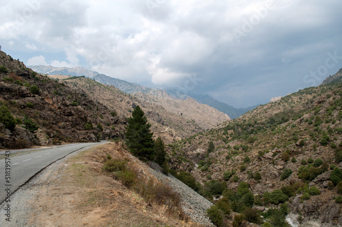A mountain road in an arid stony landscape in the middle of the island of Corsica