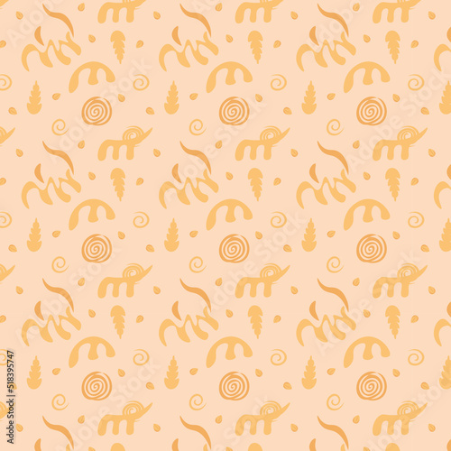 Pattern seamless. Wheat abstrakt. Vector ear, grain, stem, spirals. Scythian drawings. On a orange-brown background. For use in the textile, paper, plastic industry. Modern design