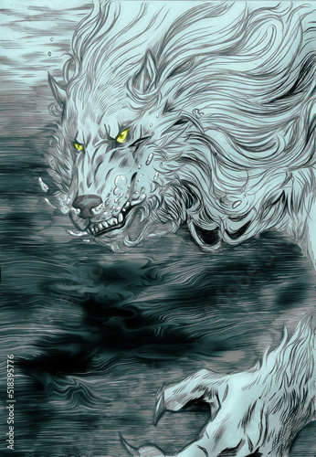 Fotografie Illustration of a werewolf underwater, with bubbles coming from their nose and m