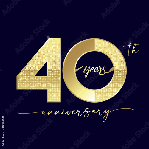 40 years anniversary logotype with handwriting golden color for celebration event, wedding, greeting card, and invitation. Luxurious shiny 40th pixel digits number. Vector graphic design template