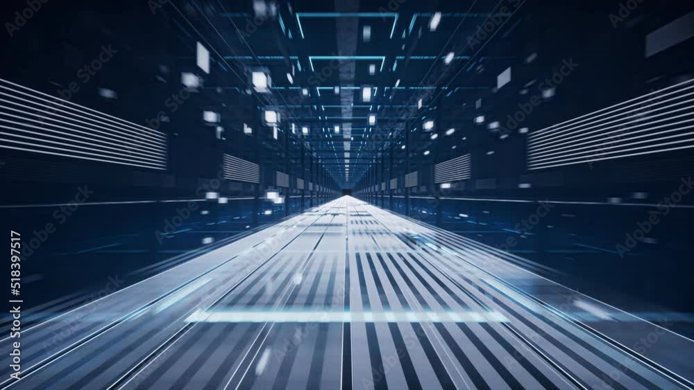 Pass through digital cyberspace, sci-fi concept tunnel, 3d rendering.