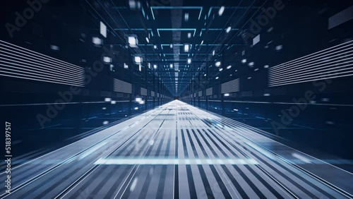 Pass through digital cyberspace, sci-fi concept tunnel, 3d rendering.