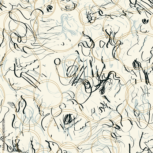 Colorful doodle seamless pattern with ink strokes and circles. Scratched background