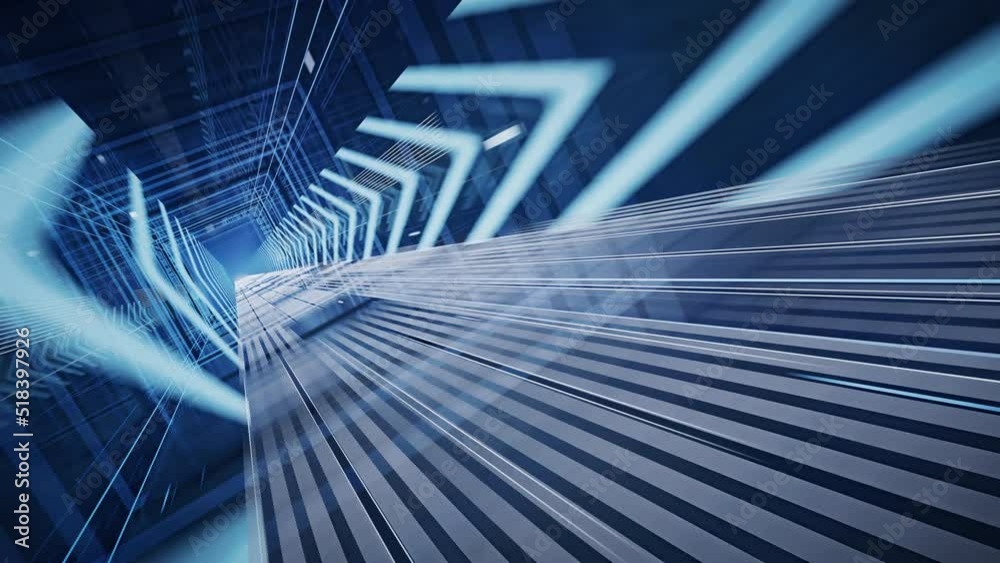 Pass through sci-fi concept tunnel with arrow sign, 3d rendering.