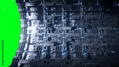 Space futuristic base with ships traffic. Futuristic concept. Green screen isolate. 3d rendering.