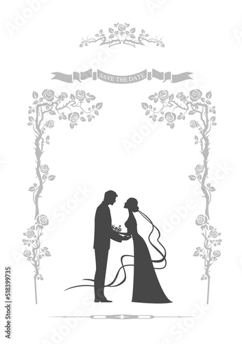 bride and groom in a floral frame.