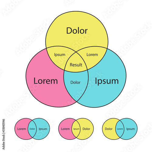 Venn diagram template set hand draw color style for presentation, start up project, business strategy, theory basic operation, infographic chart, logic analysis. Vector 10 eps