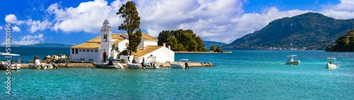 Greece , Ionian islands. Corfu andmarks - beautiful monastery Vlaherna in small island in Corfu town near at airport