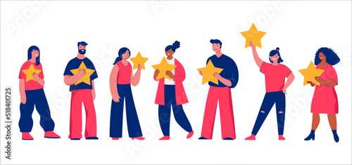 People giving review rating and feedback. Customer choice and employee feedback. Rank rating stars feedback. Business satisfaction support. 