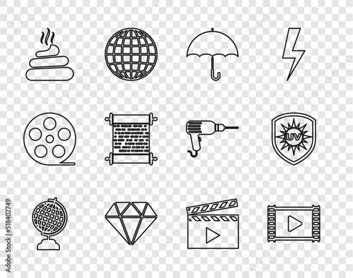 Set line Earth globe, Play Video, Umbrella, Diamond, Shit, Paper scroll, Movie clapper and UV protection icon. Vector