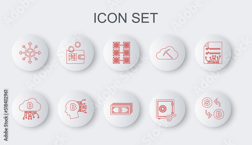 Set line Cryptocurrency exchange, cloud mining, Mining farm, Proof of stake, Distribution, Bitcoin think and bitcoin icon. Vector