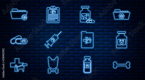 Set line Dog bone, medicine bottle, and pills, Syringe with pet vaccine, Medical veterinary record folder, Clinical and icon. Vector