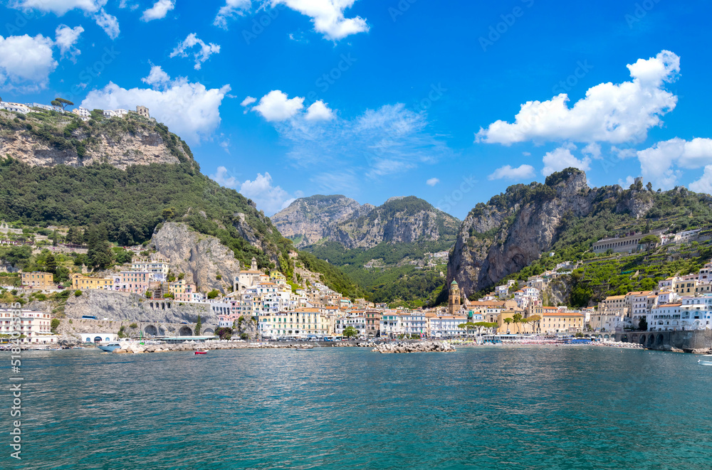 Italy, Scenic panorama of Amalfi town and Campania Amalfi coast landscapes