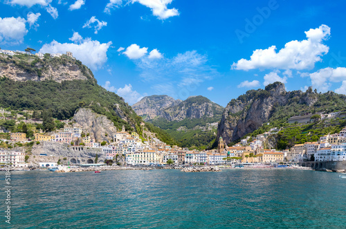 Italy, Scenic panorama of Amalfi town and Campania Amalfi coast landscapes