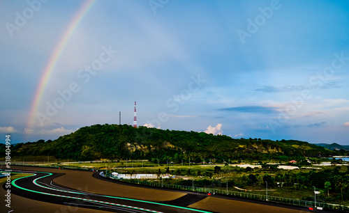 Rainbow at the Mandalika Circuit, Lombok, West Nusa Tenggara, Indonesia. Mandalika circuit is the newest and most beautiful GP racing circuit in the world photo