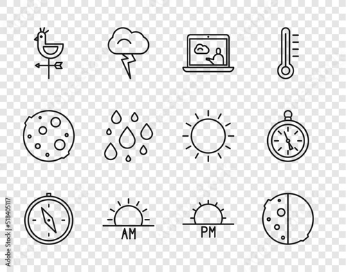 Set line Compass, Eclipse of the sun, Weather forecast, Sunrise, Rooster weather vane, Water drop, Sunset and icon. Vector