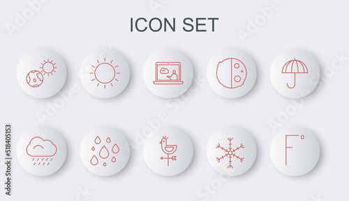 Set line Fahrenheit, Cloud with rain, Weather forecast, Snowflake, Earth globe and sun, Sun, Water drop and Rooster weather vane icon. Vector