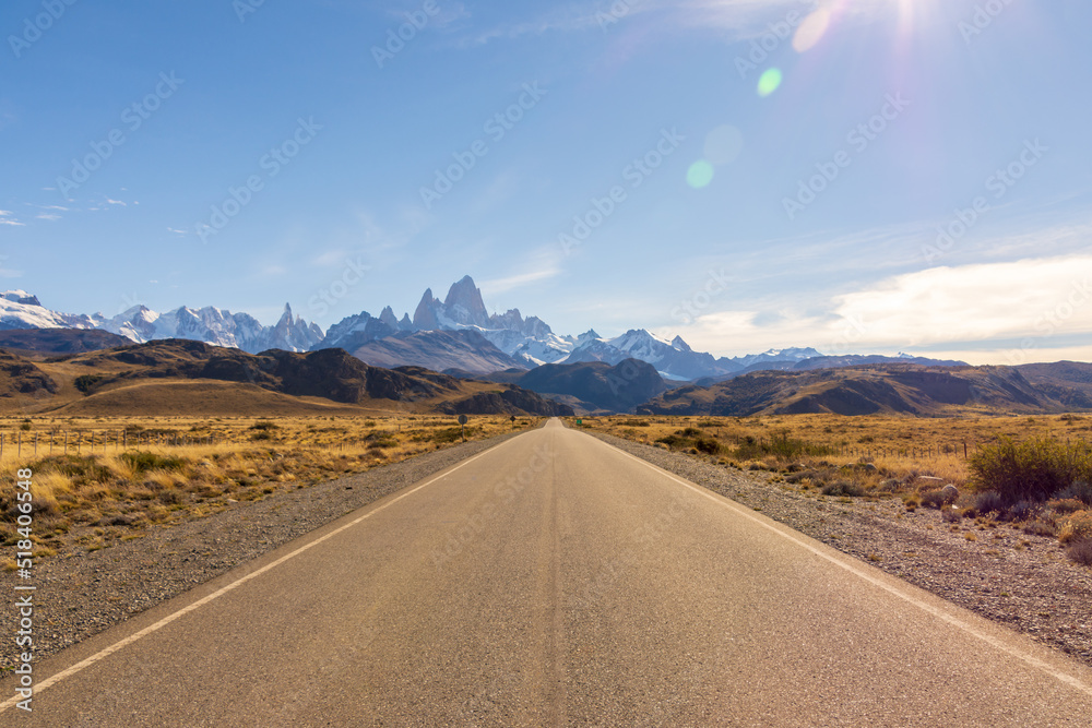 Road leading towards the town of El Chalten, famous for the Fitz Roy mountain in the Patagonia region of Argentina.