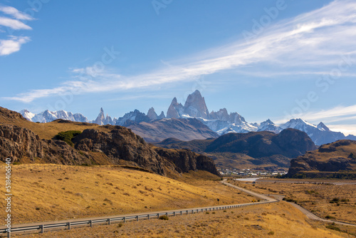 Winding road leading towards the town of El Chalten  famous for the Fitz Roy mountain in the Patagonia region of Argentina.