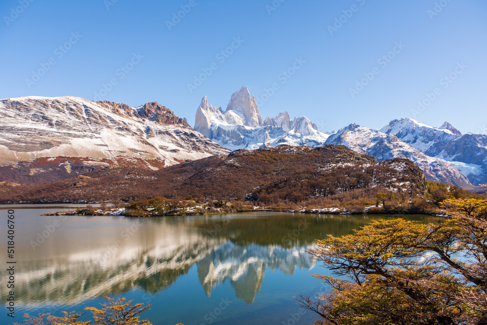 A view of the Fitz Roy mountain as seen from Laguna Capri on a hiking trail, outside of the Patagonian town of El Chalten, Argentina.