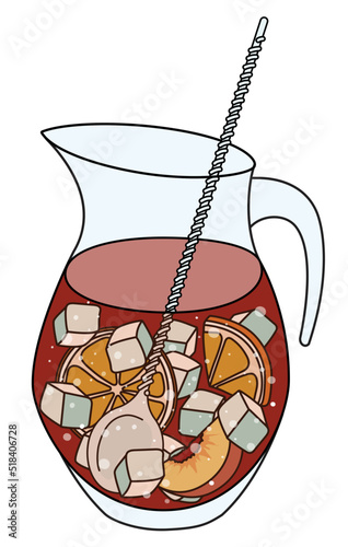 A jug of punch or Spanish red wine fruity sangria cocktail. Doodle cartoon hipster style colored vector illustration. Good for bar restaurant menu ads decoration, poster or card.