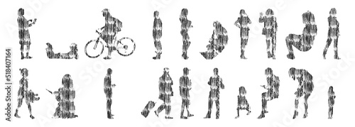 Vector silhouettes, Outline silhouettes of people, Contour drawing, people silhouette, Icon Set Isolated, Silhouette of sitting people, Architectural set	
