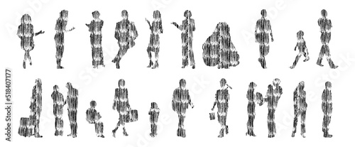Vector silhouettes, Outline silhouettes of people, Contour drawing, people silhouette, Icon Set Isolated, Silhouette of sitting people, Architectural set	
