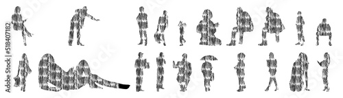 Vector silhouettes, Outline silhouettes of people, Contour drawing, people silhouette, Icon Set Isolated, Silhouette of sitting people, Architectural set	
