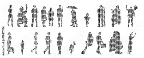 Vector silhouettes, Outline silhouettes of people, Contour drawing, people silhouette, Icon Set Isolated, Silhouette of sitting people, Architectural set	
