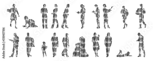 Vector silhouettes, Outline silhouettes of people, Contour drawing, people silhouette, Icon Set Isolated, Silhouette of sitting people, Architectural set	
